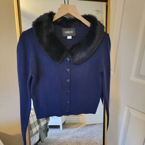 Collectif Navy Blue Cardigan with Black Faux Fur Collar